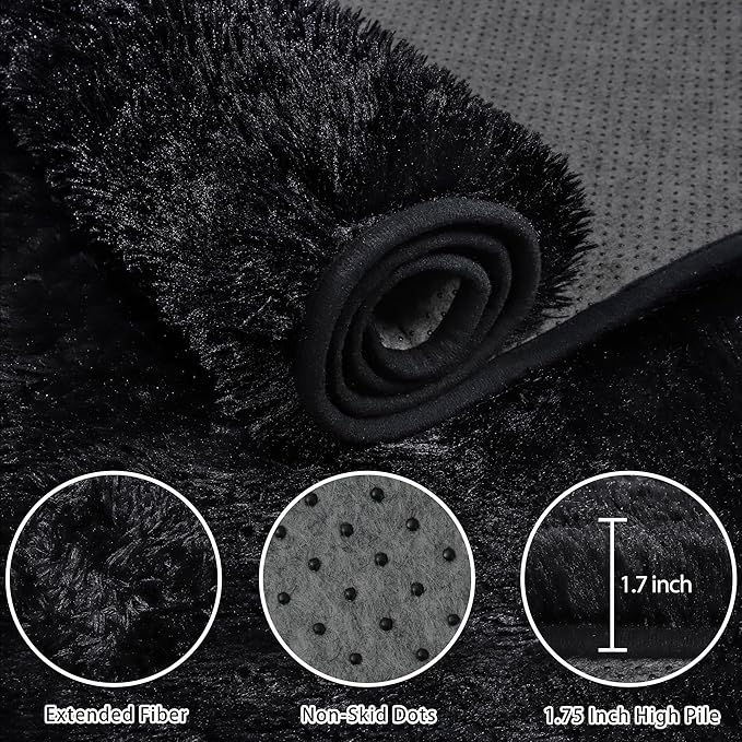 6x9 Area Rug for Living Room:Ultra Soft Fluffy Shag Black Rugs,Large Fuzzy Plush Indoor Non Slip Carpet Washable Rug for Bedroom Kids Nursery Office Dorm Modern Decor(Black 6'x9')
