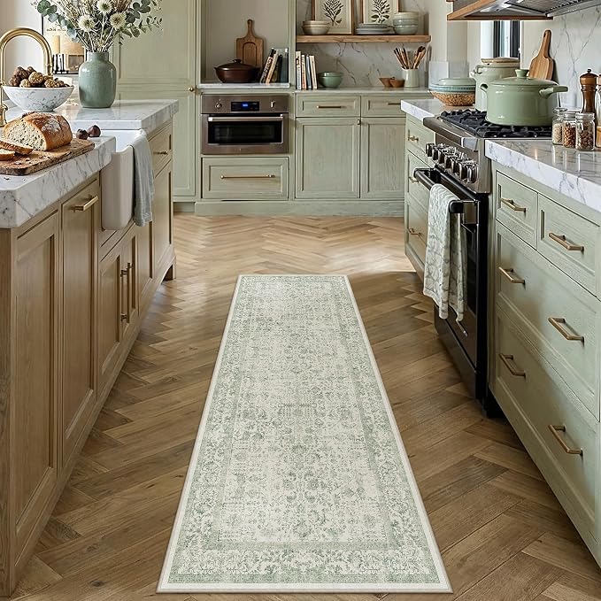 PureCozy Runner Rug 2x5 Sage Green Hallway Washable Vintage Distressed Kitchen Carpet Non Slip Neutral Low Pile Retro Floral Farmhouse Long Throw Rug Entryway Bathroom Office Laundry Dining Room