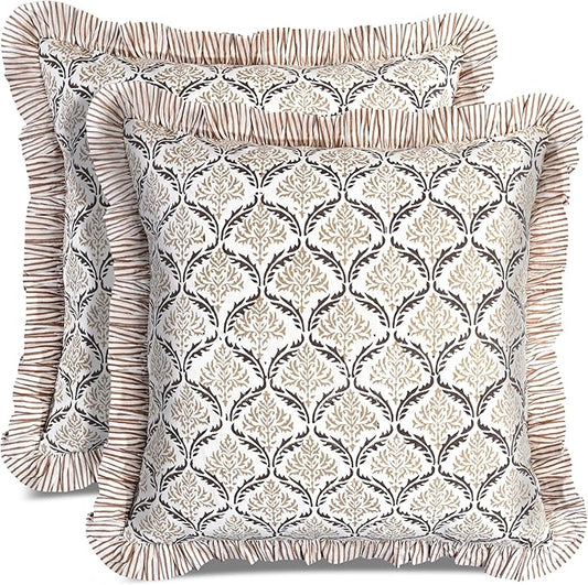CPC Sandstone Regal Hand Block Print 100% Cotton Ruffle Throw Pillow Cover 24x24 inch with Hidden Zipper Decorative for Couch, Bed, Sofa, Farmhouse, Cottagecore Decor Gift Christmas Fall Thanksgiving