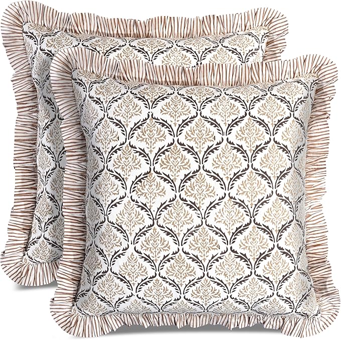 CPC Sandstone Regal Hand Block Print 100% Cotton Ruffle Throw Pillow Cover 18x18 inch with Hidden Zipper Decorative for Couch, Bed, Sofa, Farmhouse, Cottagecore Decor Gift Christmas Fall Thanksgiving