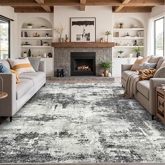 10x14 Area Rugs Living Room Rugs: Large Washable Rug with Anti-Slip Backing Non-Shedding Stain-Resistant Soft Abstract Carpet for Bedroom Dining Room Nursery Home Office-Black/Gray