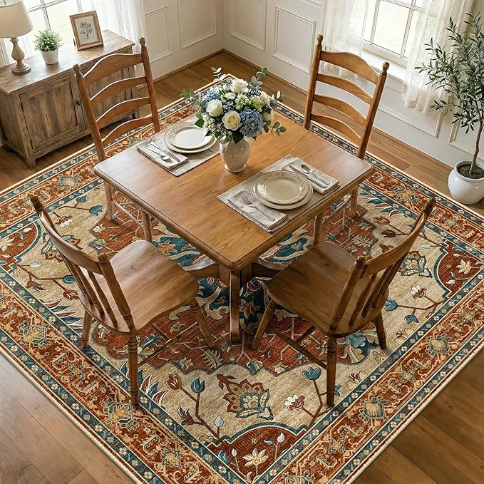 RELEANY Area Rugs Square 7ft Washable Non-Slip, Floral Vintage Distress Print Pattern Medallion Carpet for Living Room Bedroom Dining Room, Red Orange Blue Brown