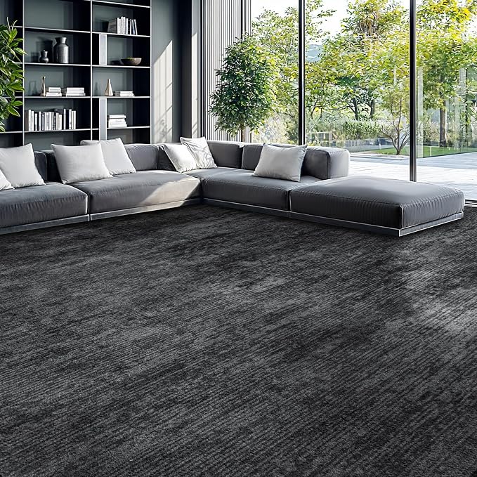 6x9 Washable Area Rug, Black Solid Area Rugs for Living Room & Bedroom | Stain-resistant & Non-slip backing,Low Pile Washable Large Carpet, Solid Vintage Style For High Traffic Areas(6x9,Black)