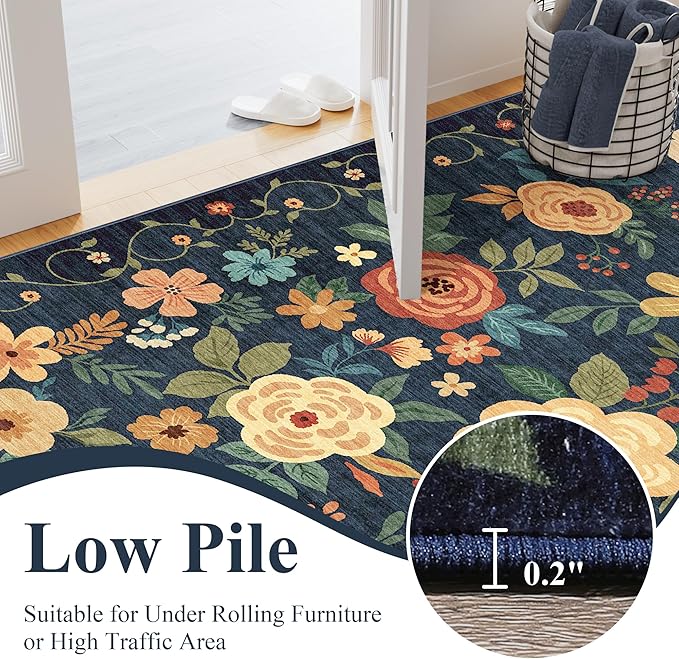 DUKINO Washable Runner Rug 2x12, Ultra Soft Floral Runner Rug for Hallway, Boho Non Slip & Non Shedding Indoor Entryway Carpet for Kitchen, Laundry Room, Bathroom, Bedroom, Entrance, Navy Blue