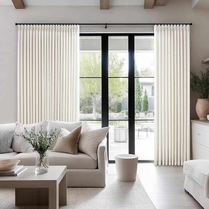 Extra Wide Pinch Pleat Curtains 108 Inches Long for Patio Sliding Glass Door Cream Linen 70 Inch Width Curtain Memory Trained Pleated Drapes Hooks Rings 70 x 108 Curtain for Large Window 1 Panel