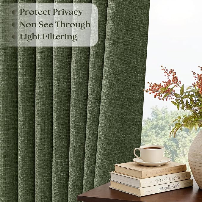 36 Inch Pleated Linen Curtains 36 Inch Length 2 Panel Set Memory Trained Pinch Pleated Privacy Semi Sheer Light Filtering Short Kitchen Window Curtain Thick Loden Olive Green Mini Cafe Small Drapes