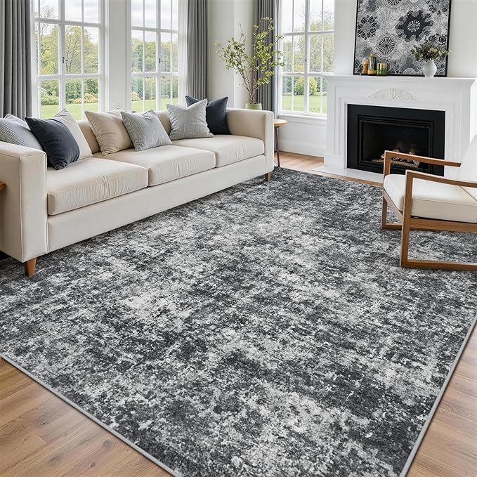 8x10 Area Rugs for Living Room Rug Washable: Abstract Large Rug for Dining Room Bedroom Carpet Non Slip 8 by 10 Indoor Modern Nursery Home Office Black Grey