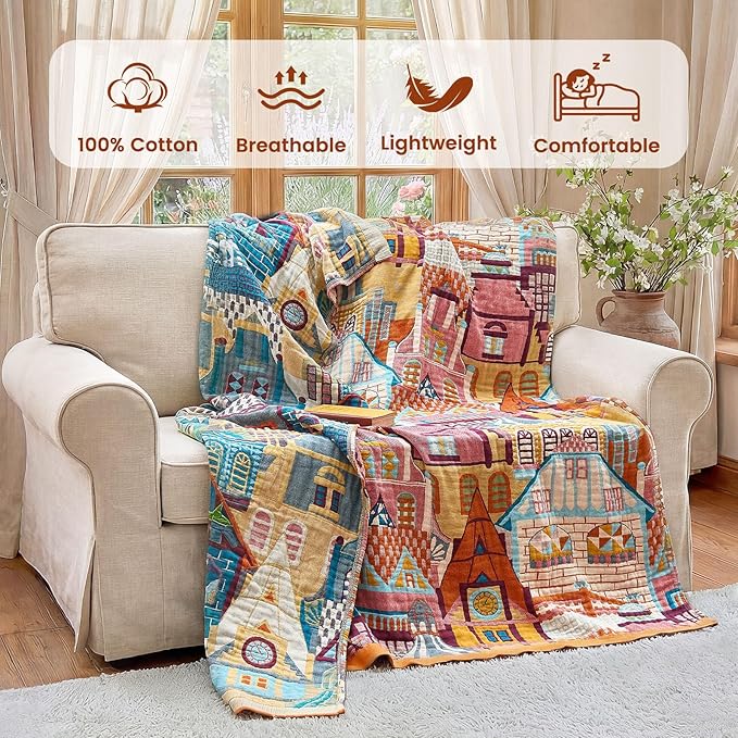 MSGKV Whimsical Roman Castle 100% Cotton Woven Throw Blanket, 50"x60" Colorful & Lightweight&Summer Breathable Art Cartoon Throw Blanket for Couch Bed, Unique Decor for Adult Bedroom, Living Room