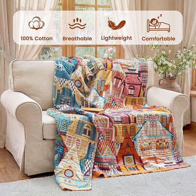 MSGKV Whimsical Roman Castle 100% Cotton Woven Throw Blanket, 60"x80" Twin Bed Blanket 100% Cotton Colorful & Lightweight&Summer Breathable Art Cartoon Throw for Couch, Unique Decor for Bedroom