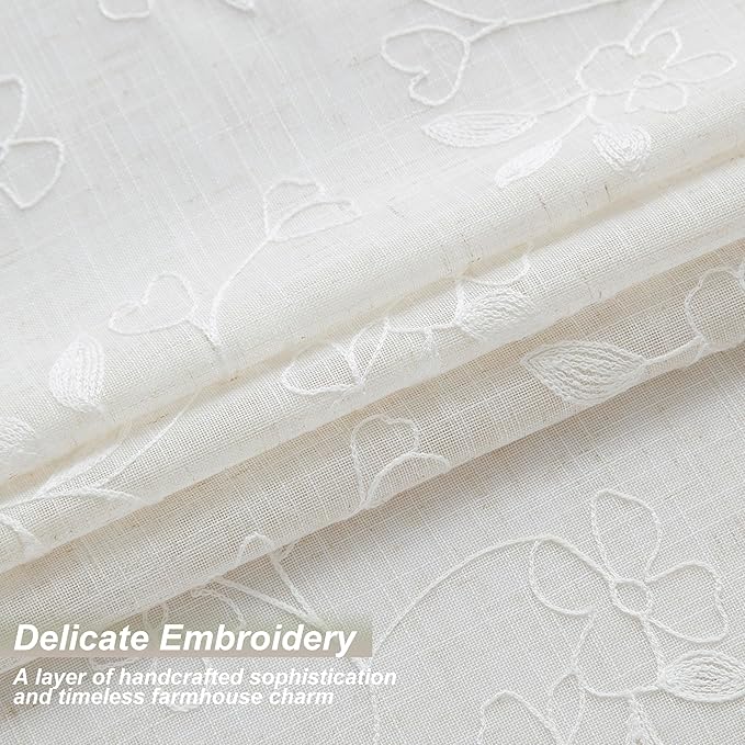 Vision Home Natural Linen Floral Pinch Pleated Sheer Curtains Embroidered Leaf Patterned Rustic Light Filtering Window Treatment for Living Room Bedroom Pleat Drapes with Back Tab Hooks 40" Wx108 Lx2