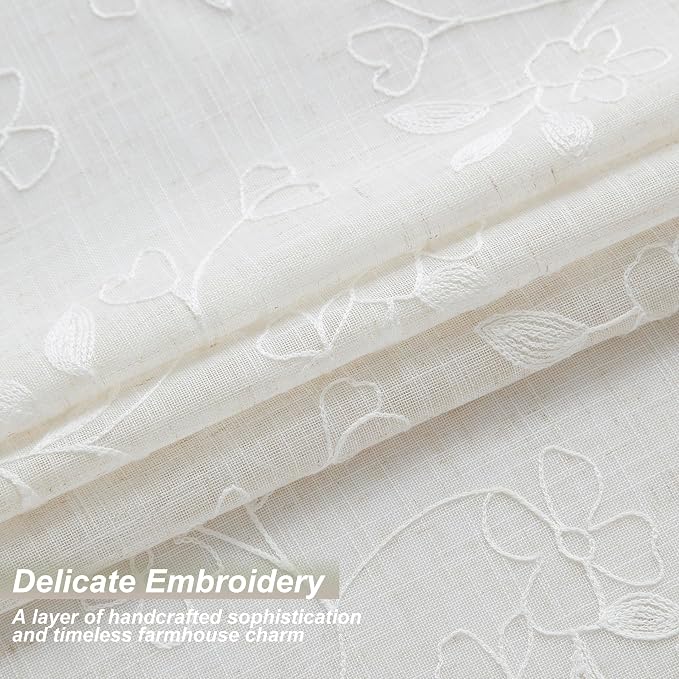 Vision Home Natural Linen Floral Pinch Pleated Sheer Curtains Embroidered Leaf Patterned Rustic Light Filtering Window Treatment for Living Room Bedroom Pleat Drapes with Back Tab Hooks 40" Wx102 Lx2