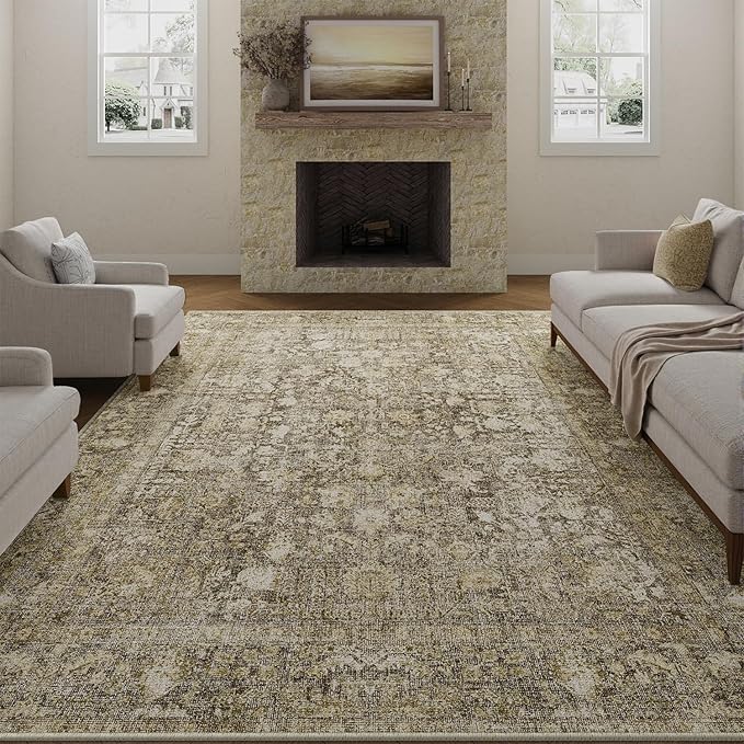 PureCozy Brown Area Rug 8x10 Machine Washable Large Vintage Living Room Distressed Non Slip Carpet Traditional Indoor Bedroom Retro Floral Accent Throw Rug for Office Kitchen Dining Room