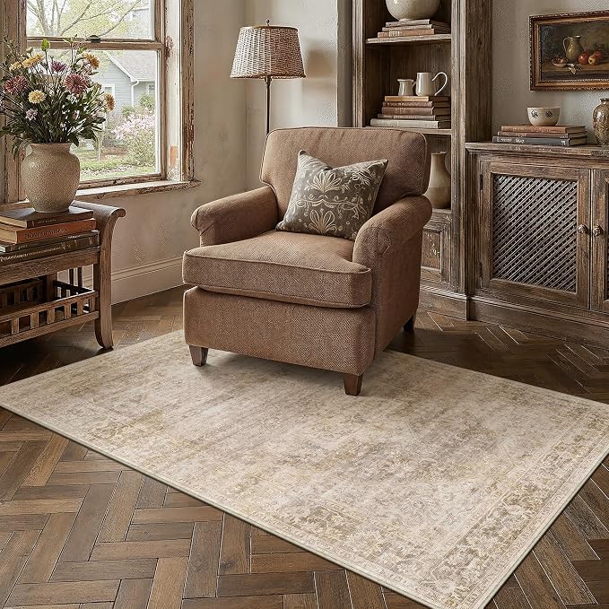 3x5 Washable Neutral Area Rug Beige Vintage Entryway Bathroom Carpet Non-Slip Soft Low Pile Oriental Throw Rug for Entrance Living Room Dining Room