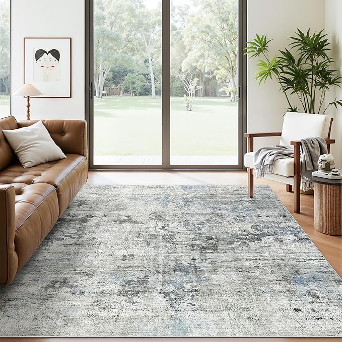 Soalmost 6x9 Abstract Area Rugs for Living Room 6 x 9 Washable Non Slip Low Pile Gray Rugs for Bedroom Dining Room Foldable Thin Gray Blue