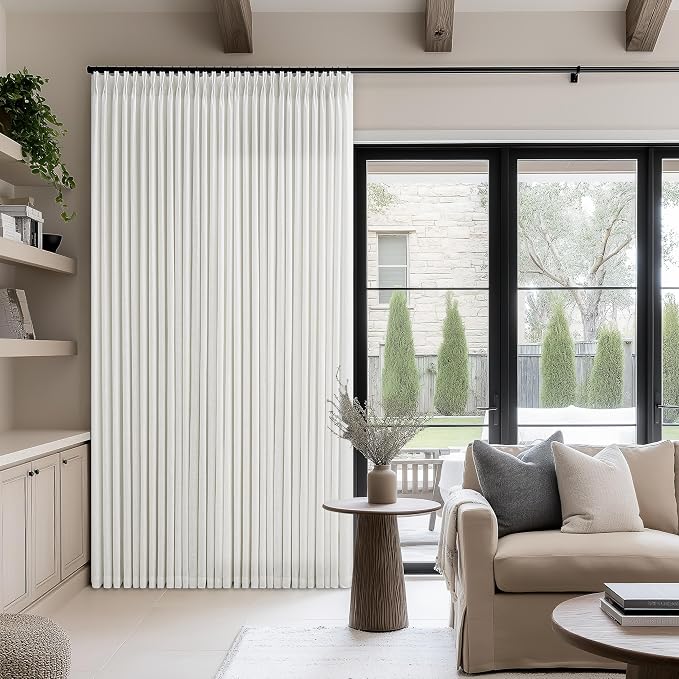 Pinch Pleated Extra Wide Curtain Panels 90 Inches Long 70 Wide Linen Curtain for Patio Sliding Glass Door Beige White Hooks Rings Semi Sheer Privacy 90 Inch Length for Living Room 70x90 1 Panel
