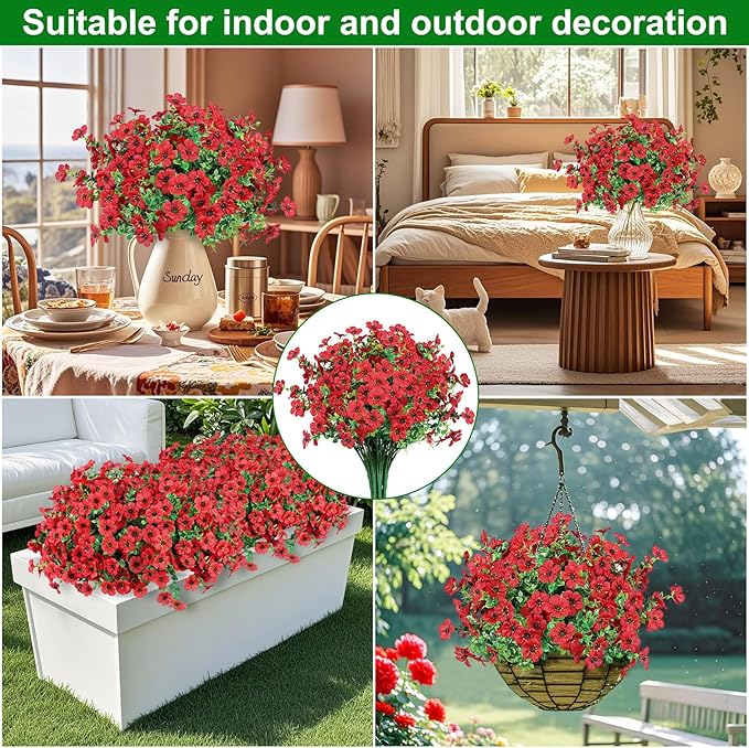 Ouddy Decor 12 Bundles Artificial Flowers for Outdoors Fake Silk Flowers UV Resistant Faux Plastic Plants for Spring Summer Garden Porch Window Box Table Vase Home Indoor Outdoor Decoration, Red