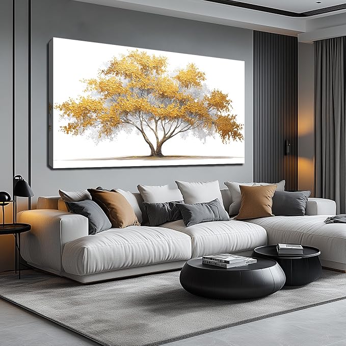 AOZEMI Tree Wall Art White Pictures Wall Decor Yellow Canvas Art for Living Room Bedroom Bathroom Office Large Modern Artwork 29"x 59"