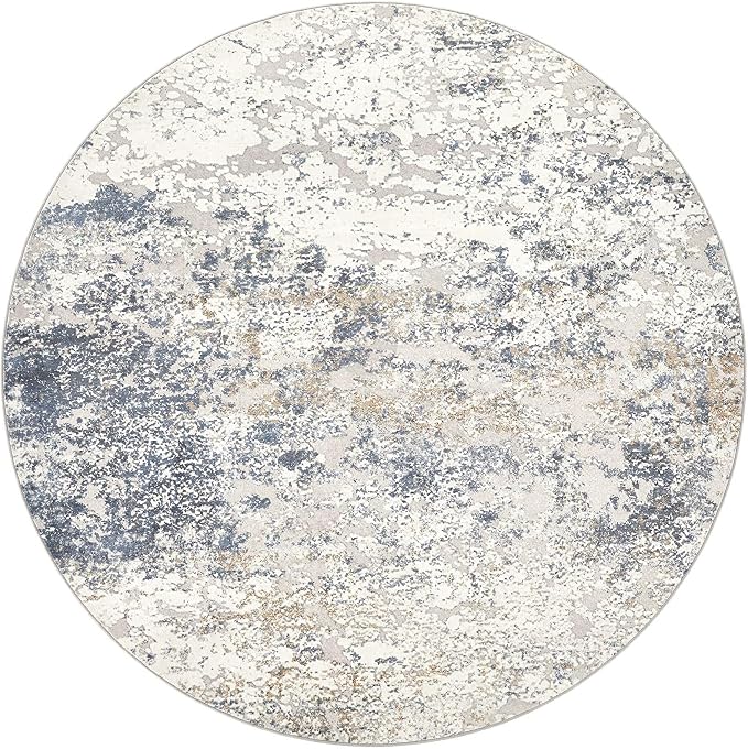 DMOYEST 6ft Round Area Rug Living Room Rugs - 6x6 Washable Large Soft Indoor Modern Abstract Low Pile Rug Carpet for Bedroom Dining Room Farmhouse Home Office - Beige Blue