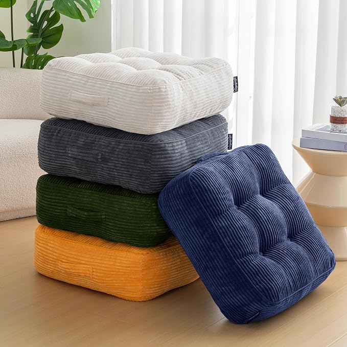 HIGOGOGO 8" Extra Thick Floor Pillow Cushion for Adults, Meditation Cushion Pillow, Large Square Floor Sitting, Tufted Corduroy Cover, for Tatami Living Room or Yoga, 22x22 Inch, 2Pack, Dark Green