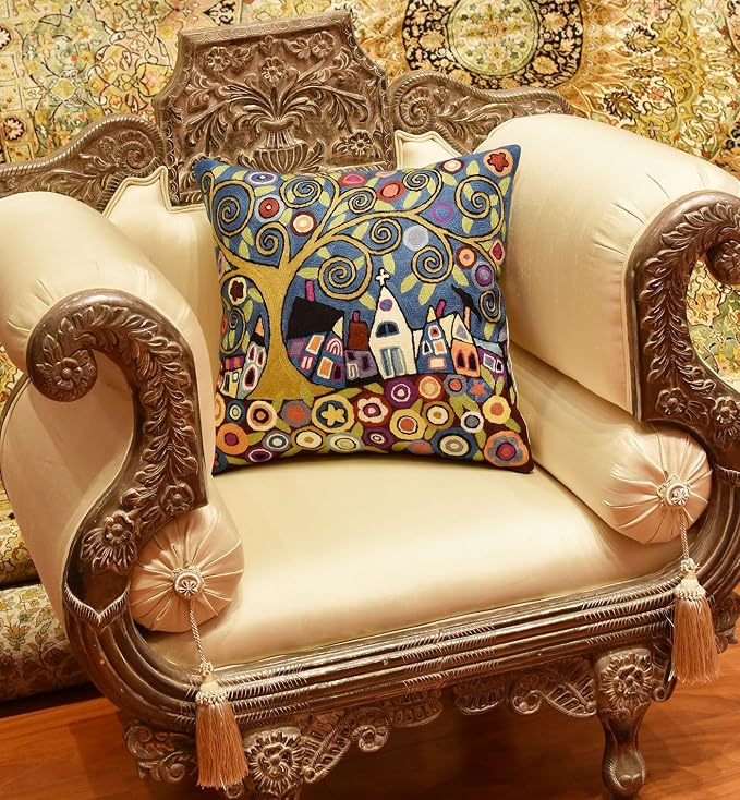 Blue Gray Tree of Life Accent Pillow Cover Karla Gerard Floral Pillowcase Village Church Floral Chair Cushion Farmhouse Pillowsham Hand Embroidered Wool Size 18x18