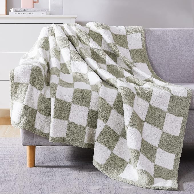 WRENSONGE Soft Twin Size Checkered Blanket for Bed-Cozy Knitted Blankets | Lightweight Fluffy Warm Decor for Women, Mom, Her & Girls, Sofa, Chair, Couch, 60x80in, Sage Green