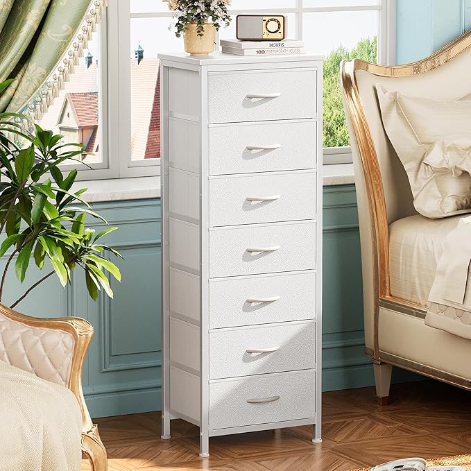 Huuger Tall Dresser for Bedroom, 7 Drawer Dresser & Chests of Drawers, Fabric Drawer for Closet, Bedroom, Night Stand, Metal Frame, Storage Tower with Fabric Bins, White
