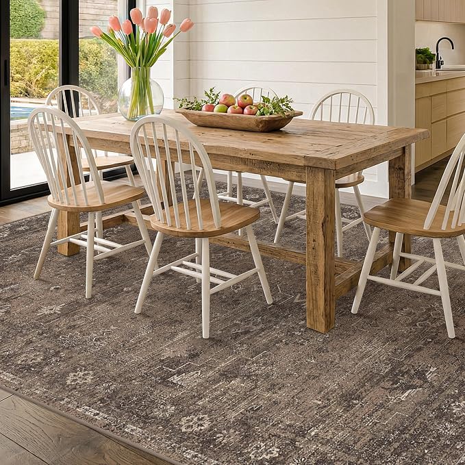 Farmhouse Brown Washable 6x9 Area Rugs for Living Room, Dark Neutral Vintage Distressed Rug for Bedroom, Non-Slip Soft Stain Resistant Carpet for Dining Room Office Décor