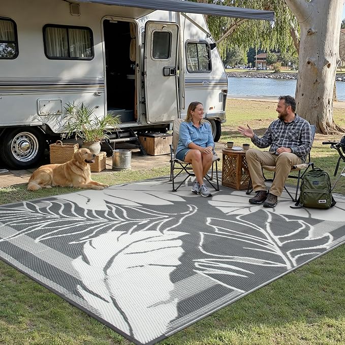 HUGEAR 8'x10' Outdoor Rug Waterproof Plastic Straw Rugs Large Grey Reversible Olive Leaf Mat Floor Carpet for Camping RV Deck Entryance Porch Picnic Balcony Beach Backyard