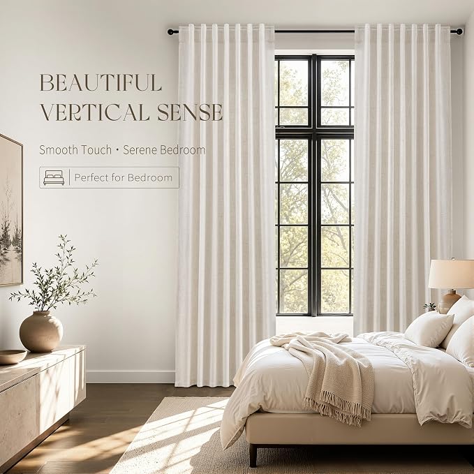 Jowels Natural Linen Curtains 96 Inches Long for Living Room Bedroom, 2 Panel Set, Cream Thick Textured Light Filtering Sheer Curtains, Back Tab Rod Pocket Modern Farmhouse Privacy Drapes