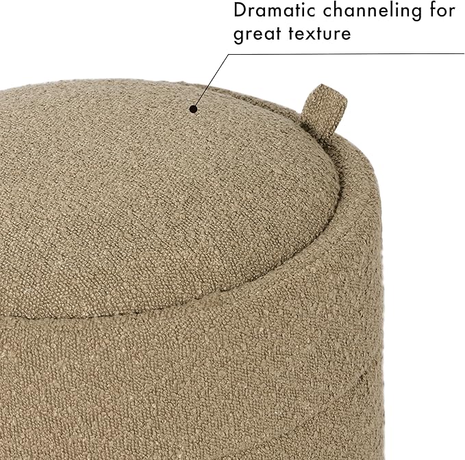 HomePop Storage Round Ottoman with Removable Lid |Homepop Home Décor|Upholstered Round Foot Rest Ottoman - Brown Boucle