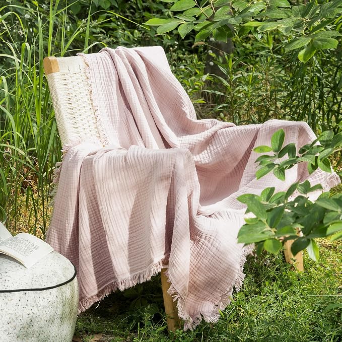 MooMee Muslin Blanket - 100% Cotton 4-Layer Gauze Throw Blanket with All-Around Fringe, Soft Breathable Lightweight Cooling Summer Blankets for Bed Couch(Greyish Pink,Throw XL 50" x 70")