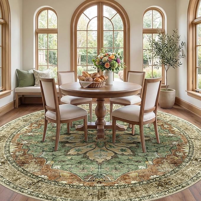 RELEANY Area Rugs 8ft Washable Non-Slip, Floral Vintage Distress Print Pattern Medallion Carpet for Living Room Bedroom Dining Room, Brick Red Rust Neutral Brown Burnt Orange