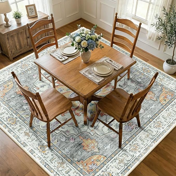 RELEANY Area Rugs Square 7ft Washable Non-Slip, Floral Vintage Distress Print Pattern Medallion Carpet for Living Room Bedroom Dining Room, Light Yellow Carbon Grey Orange