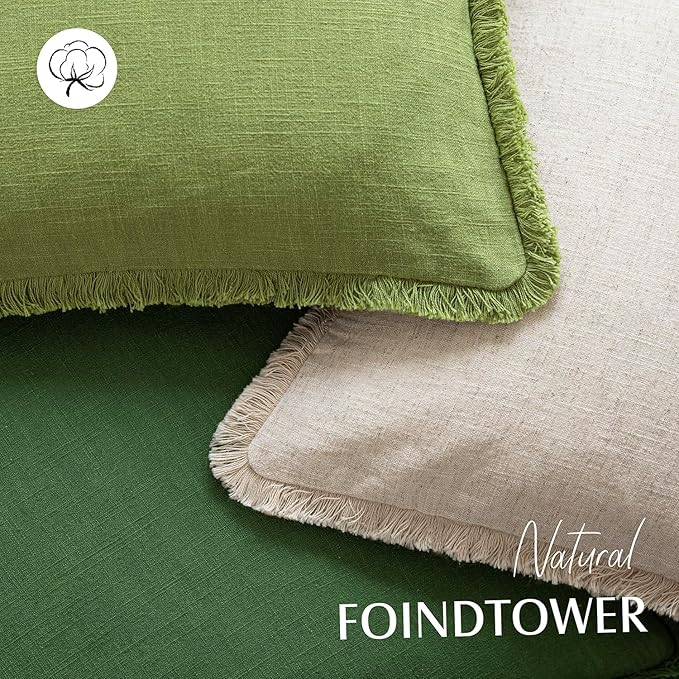Foindtower Set of 2 Decorative Linen Fringe Throw Pillow Covers Cozy Boho Farmhouse Cushion Cover with Tassels Soft Accent Pillowcase for Couch Sofa Bed Living Room Home Decor,18×18 Inch,Forest Green