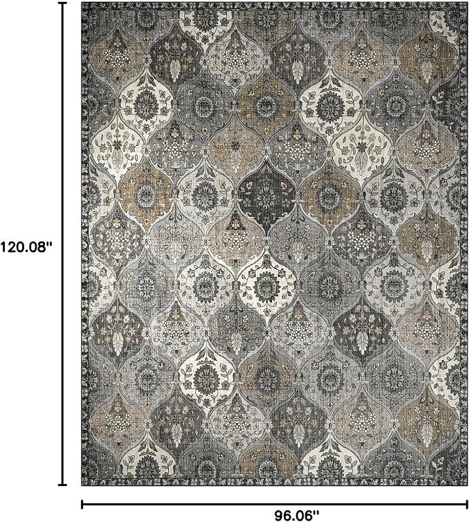 Lahome Moroccan Washable Area Rugs 8x10, Soft Vintage Oriental Rug for Living Room Bedroom Dining Room, Non Slip Low Pile Stain Resistant Rug for Kids Pets High Traffic Areas, Burnt Grey