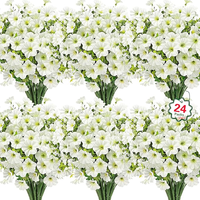 Ouddy Decor 24 Bundles Artificial Flowers for Outdoors, Fake Petunias Flowers Silk Morning Glory with Eucalyptus Faux Plants for Indoor Outside Spring Summer Yard Garden Porch Home Decor, White