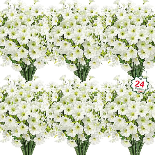 Ouddy Decor 24 Bundles Artificial Flowers for Outdoors, Fake Petunias Flowers Silk Morning Glory with Eucalyptus Faux Plants for Indoor Outside Spring Summer Yard Garden Porch Home Decor, White