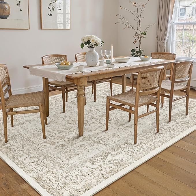 PureCozy Light Brown Area Rug 10x12 Machine Washable Large Vintage Living Room Distressed Non Slip Carpet Traditional Indoor Bedroom Retro Floral Accent Throw Rug for Office Kitchen Dining Room