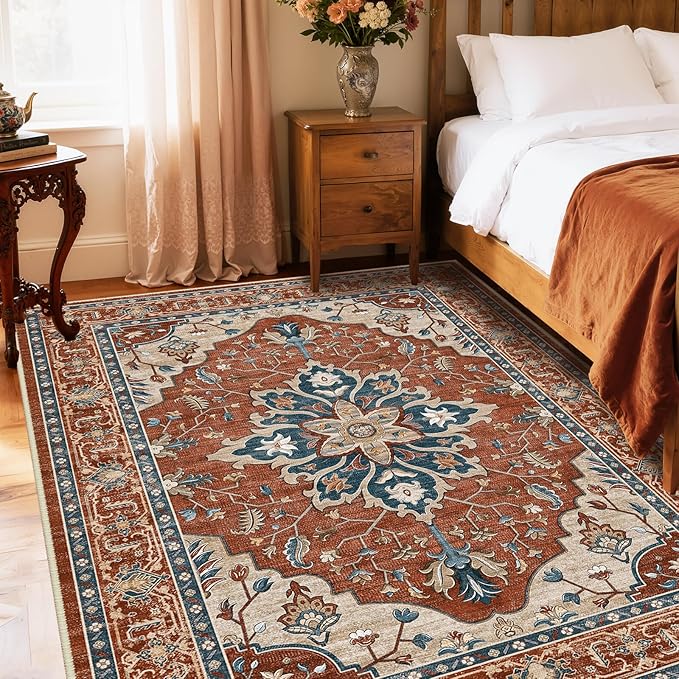 RELEANY Area Rugs 5'x7' Washable Non-Slip, Floral Vintage Distress Print Pattern Medallion Carpet for Living Room Bedroom Dining Room, Red Orange Blue Brown