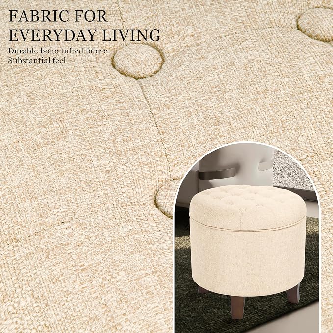 HomePop 19" Button Tufted Round Storage Ottoman - Tan Woven