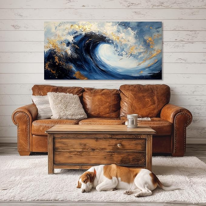 Ggaafet Navy Blue Waves Wall Art for Bedroom Canvas Painting Prints Beautiful Ocean Sea Gold Art Deco Modern Artwork Office Family Room Decor