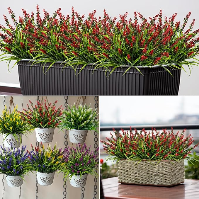 Nigirior Artificial Flowers for Outdoor Plants 24 Bundles Fake Lavender Plastic Faux Monkey Grass for Verandah Window Garden Office Patio Front Porch UV Resistant for Planter(Red)