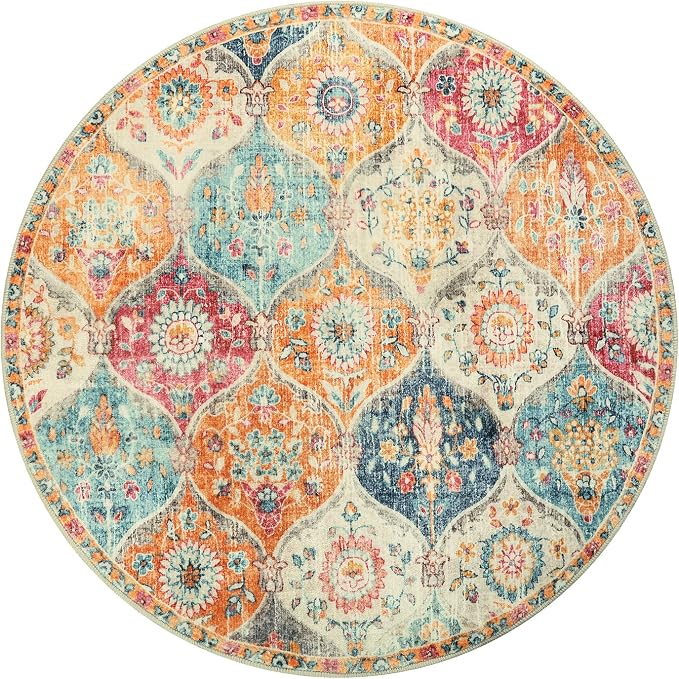 Lahome Round Moroccan Washable Rug, Soft Vintage Small Round Rug 3ft Non-Slip, Ultra-Thin Distress Circle Carpet for Bedroom Entryway Kitchen Bathroom Elise, Burnt Orange