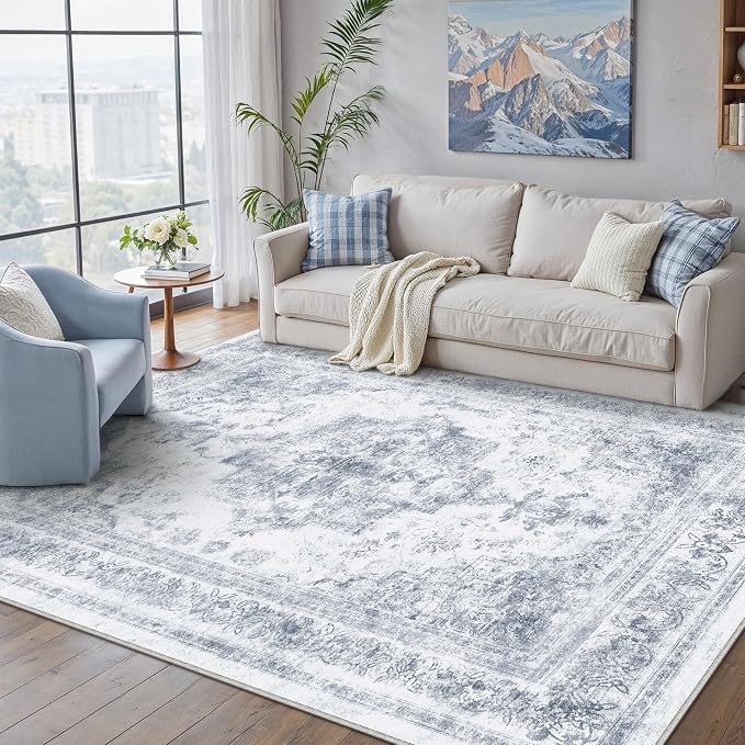 PureCozy Area Rug 5x7 Washable Blue Rug Vintage Boho Medallion Large Distressed Retro Carpet for Living Room Non Slip Indoor Low Pile Small Soft Bedroom Dining Room Home Office