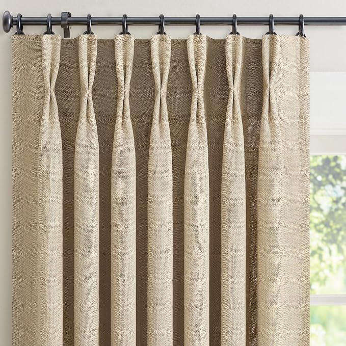 Pleated Linen Curtains 90 Inches Long for Living Room 2 Panels Rustic Farmhouse Khaki Thick Linen Textured Pinch Pleat Hooks Rings Back Tab Floor to Ceiling Semi Sheer Drapes Bedroom 90 Inch Taupe