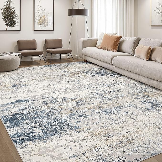 DMOYEST Area Rug Living Room Rugs - 8x10 Abstract Large Soft Indoor Washable Rug Neutral Modern Low Pile Carpet for Bedroom Dining Room Farmhouse Home Office - Beige Blue