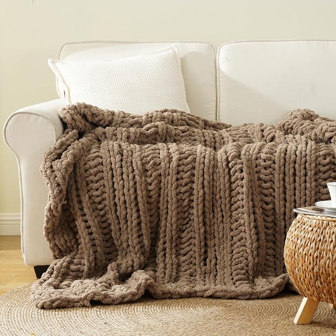 Battilo Chunky Knit Throw Blanket for Couch, 50"x60",Taupe | Hand Knit with Chunky Chenille Yarn, Chenille Blanket, Cozy Warm Thick Soft knitted Blanket for Bed, Sofa, Living Room