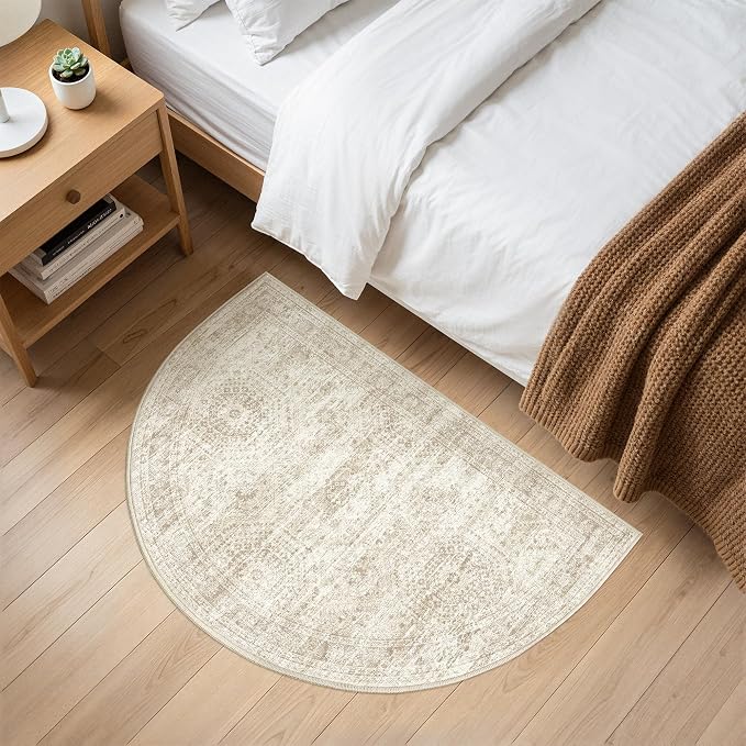 Soalmost Washable Half Circle Round Rug 2x3 Beige, Small Half Moon Rug Entryway Non-Slip Vintage Semi Circle Rugs Indoor Entrance, Low Pile Door Mat for Inside Front Door Bedroom Kitchen Entry