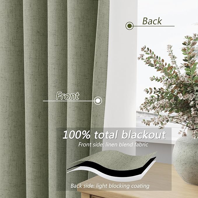 Sage Green 100% Blackout Linen Curtains 72 Inch Length 2 Panels Set for Living Room Bedroom Back Tab Thermal Insulated Black Out Drapes Room Darkening Farmhouse Window Curtains 72 Inches Long