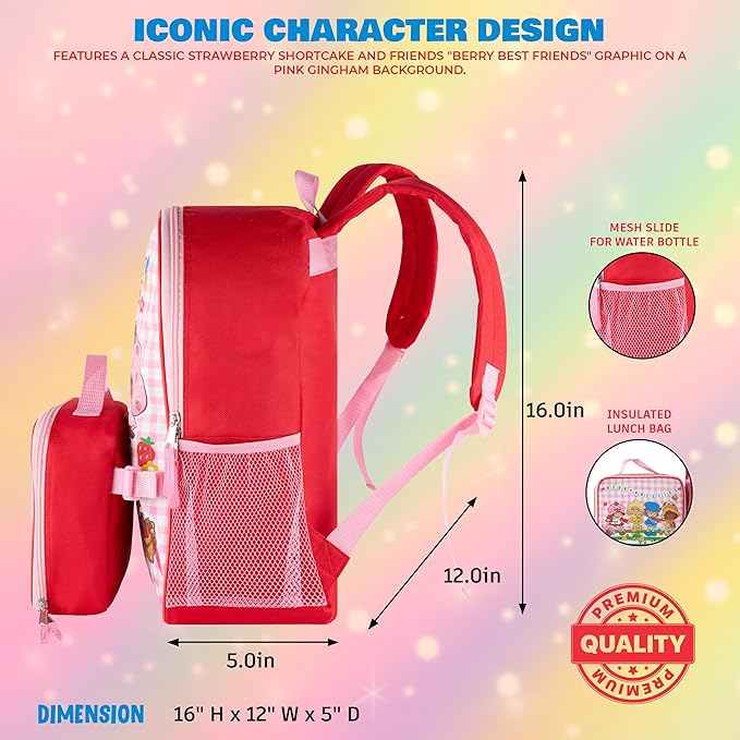 AI ACCESSORY INNOVATIONS Strawberry Shortcake 2 Piece Backpack Set for Girls, 16 Inch Berry Besties School Bag with Adjustable Padded Straps, Pink Gingham Pattern